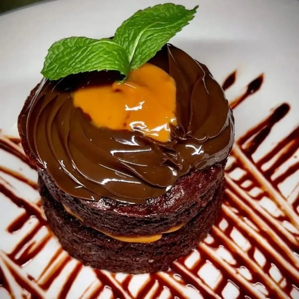 Peruvian chocolate cake with dulce de leche, chocolate ganache, and a mint leaf on a white plate.