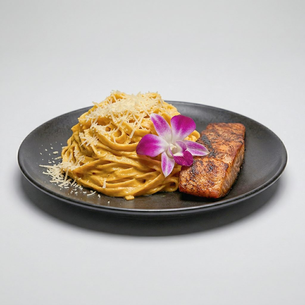 Tallarines A La Huancaina Salmon.